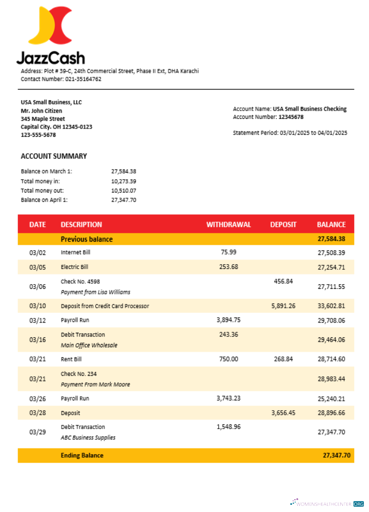 Download Jazz Cash business firm statement Word and PDF format Photoshop template
